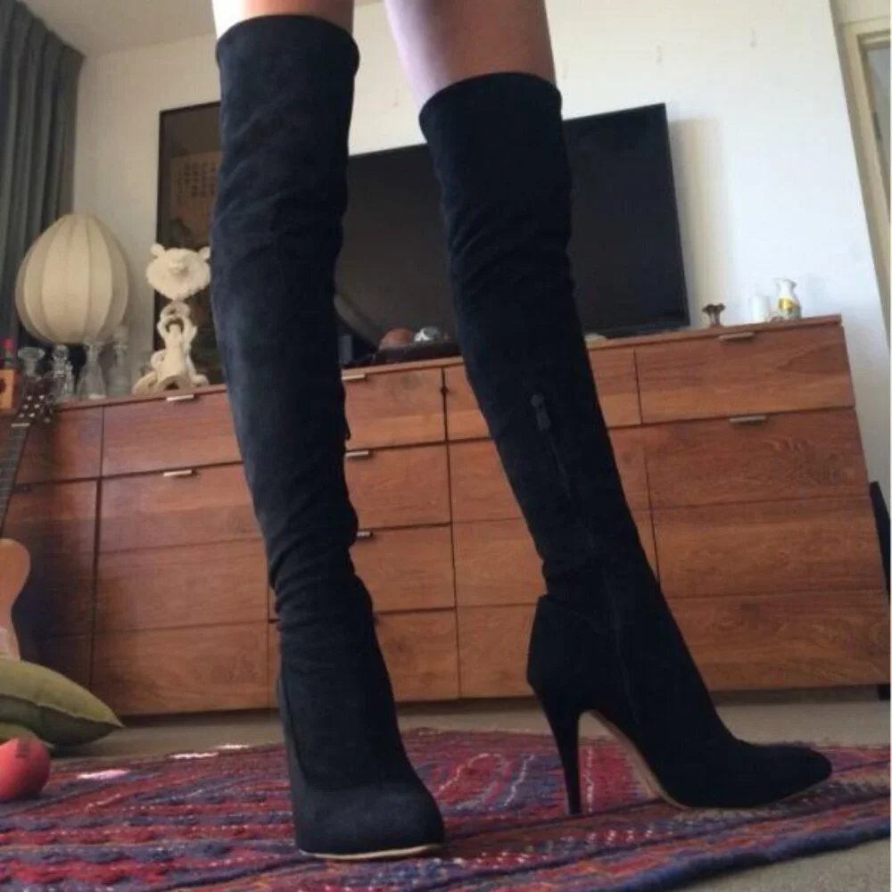 🆕Women Suede Black Over The Knee High Stretchy Leather Thigh High Snow Boots
